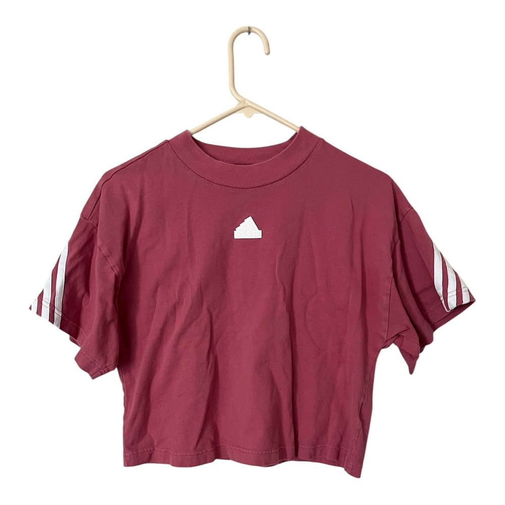 Adidas Shirt Womens Small Pink Cropped Three Stripes Athletic Tee